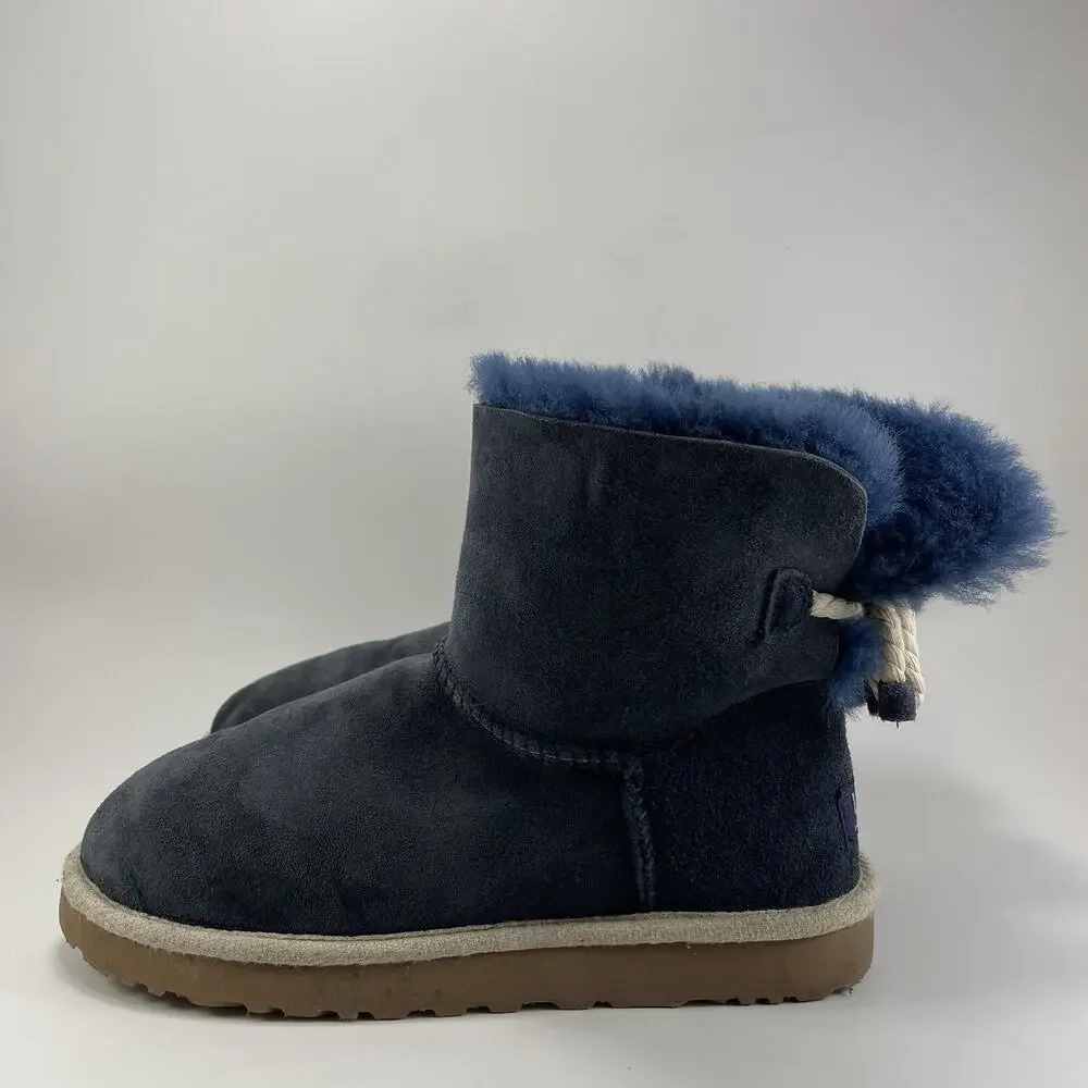 UGG Selene Winter Boots Womens Size 7 Navy Blue Suede Nautical Rope Tie Back